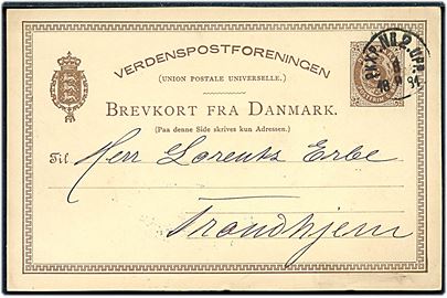 6 øre helsagsbrevkort fra Kjøbenhavn annulleret med svensk bureaustempel PKXP No. 2 UPP. d. 8.9.1881 til Trondhjem, Norge.