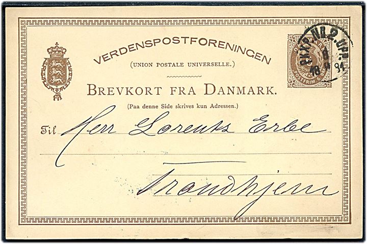 6 øre helsagsbrevkort fra Kjøbenhavn annulleret med svensk bureaustempel PKXP No. 2 UPP. d. 8.9.1881 til Trondhjem, Norge.