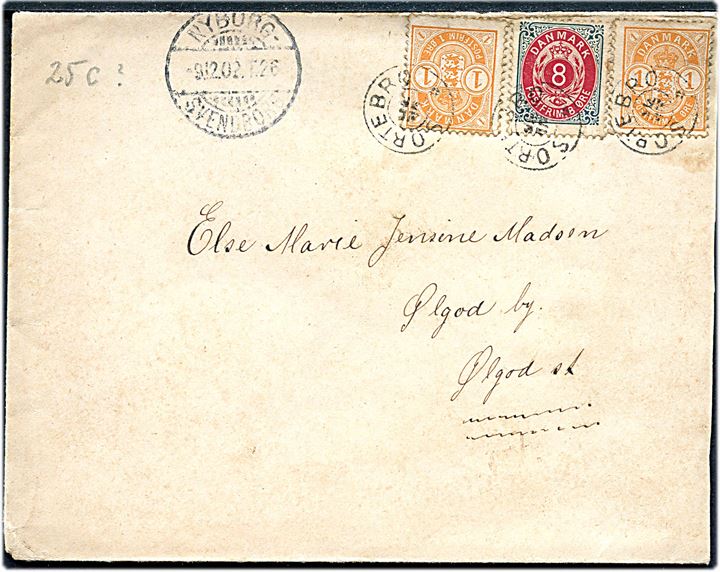 1 øre Våben (2) og 8 øre Tofarvet på brev annulleret med stjernestempel SORTEBRO og sidestemplet bureau Nyborg - Svendborg T.26 d. 9.12.1902 til Ølgod.