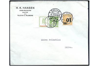 5 øre Bølgelinie og Børnenes Kontor Reklamemærke i parstykke og 10/30 øre Provisorium på brev annulleret med udslebet stjernestempel OVER-FELDBORG og sidestemplet Skive d. 4.8.1934 til Skive.