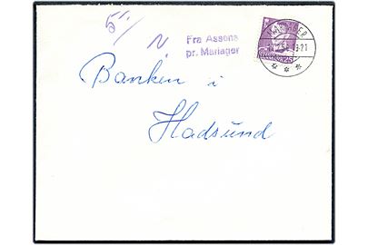25 øre Fr. IX på lokalbrev annulleret Mariager d. 17.2.1956 og sidestemplet med kassetømningsstempel Fra Assens pr. Mariager til Hadsund.