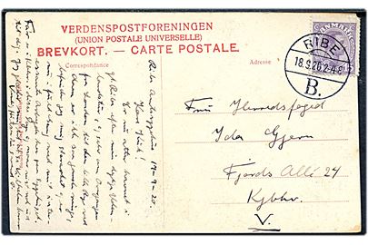 15 øre Chr. X (rift) på brevkort (Ribe, Sønderbro) annulleret med tydeligt brotype Vb Ribe B. d. 18.9.1920 til København.