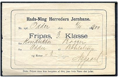 Hads-Ning Herreders Jernbane. Fripas 3. klasse udstedt for konduktør Bagger for rejse fra Odder d. 6.11.1900 til Boulstrup.