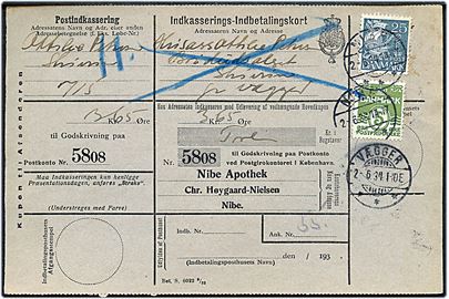 5 øre Bølgelinie og 25 øre Karavel på retur Indkasserings-Indbetalingskort fra Nibe d. 2.6.1934 til Vægger.