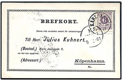 6 öre Ringtype på brevkort fra Karlskrona d. 7.5.1881 til Kjøbenhavn, Danmark.