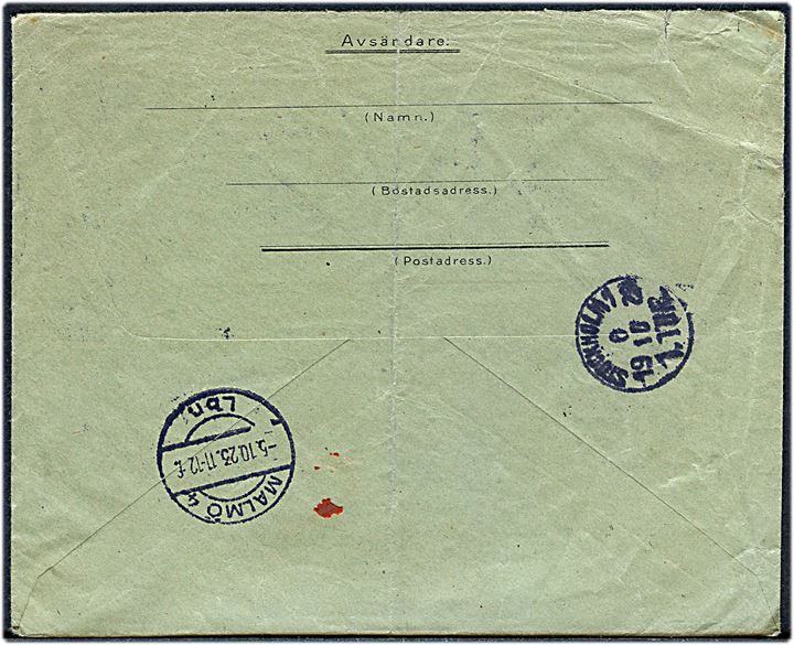 10 öre Militärbrev fra Stockholm d. 27.9.1923 til soldat ved 1 lätta Fält Radio Sektion, Fältpostkontor N:r 7 - eftersendt fra Malmö d. 5.10.1923 til Ing 3 i Stockholm. Lidt urent åbnet.