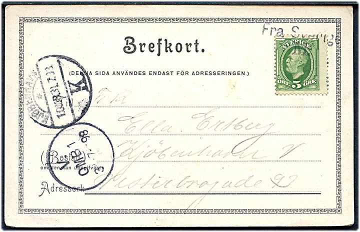 5 öre Oscar II på brevkort (Malmö havn med dampskibe) annulleret med skibsstempel Fra Sverige M. og sidestemplet Kjøbenhavn d. 3.7.1898 til København, Danmark.