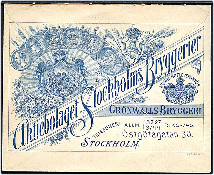5 öre Gustaf single på smuk illustreret firmakuvert fra Grönwalls Bryggeri sendt lokalt i Stockholm d. 4.3.1915.