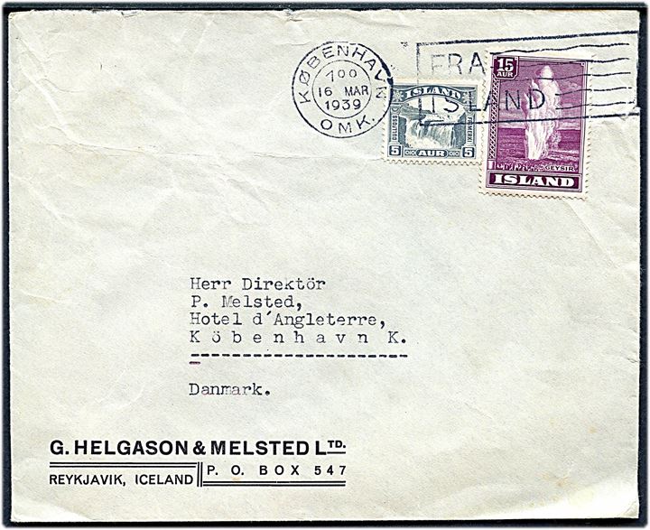 5 aur Gullfoss og 15 aur Geysir på skibsbrev fra Reykjavik annulleret med TMS København OMK. / Fra Island d. 16.3.1939 til København, Danmark.