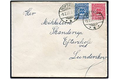 10 pfg. og 20 pfg. Fælles udg. på brev annulleret Hoptrup *** d. 9.2.1920 til Skanderup Efterskole ved Lunderskov, Danmark. 