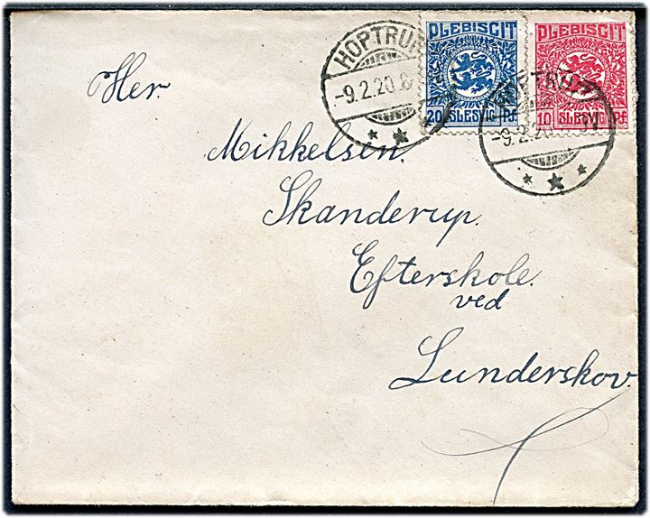 10 pfg. og 20 pfg. Fælles udg. på brev annulleret Hoptrup *** d. 9.2.1920 til Skanderup Efterskole ved Lunderskov, Danmark. 
