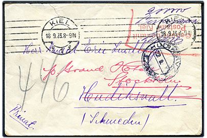 200.000 mk. bar-frankeret infla brev med stempel Gebühr bezahlt Postamt Kiel fra Kiel d. 18.9.1923 til Hudriksvall, Sverige - eftersendt til Stockholm. Korrekt porto 1.-19.9.1923.