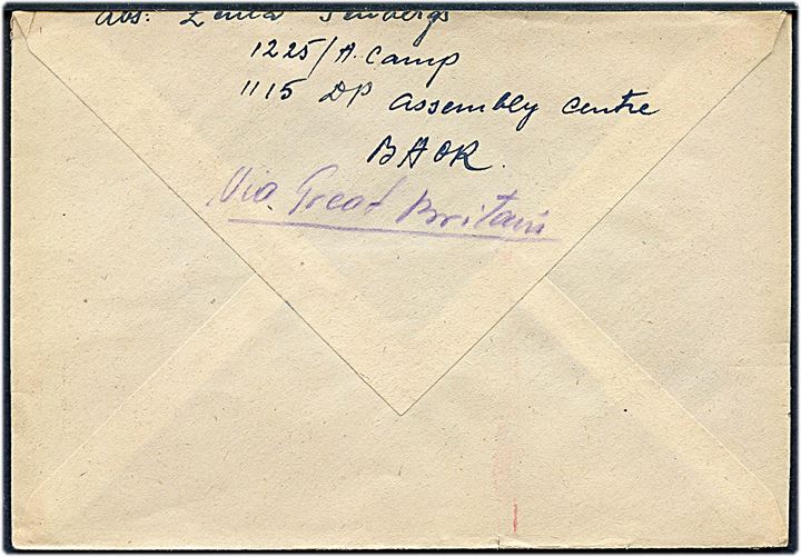 Ufrankeret brev med stempel Displaced Persons Mail / PAID fra Litauisk flygtning i 1225 A Camp, 115 DP Assembly Centre, BAOR til Stockholm, Sverige. 
