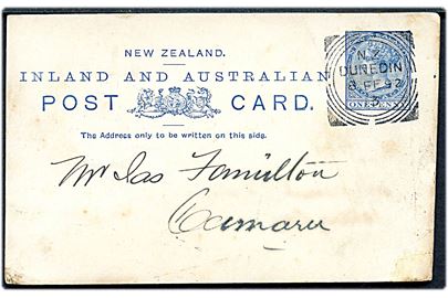 1d Victoria helsagsbrevkort fra Dunedin d. 8.2.1892 til Camaru. 