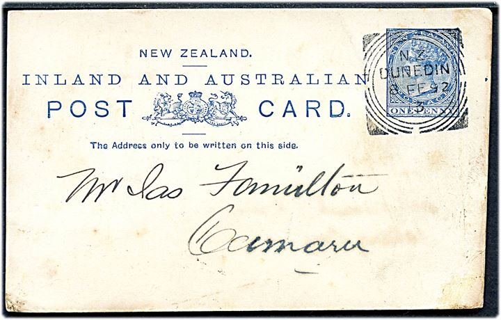 1d Victoria helsagsbrevkort fra Dunedin d. 8.2.1892 til Camaru. 