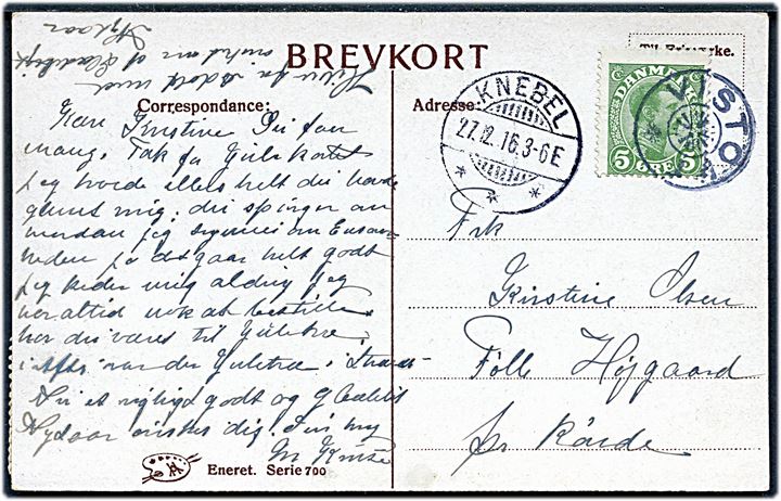 5 øre Chr. X på julekort annulleret med stjernestempel VISTOFTE og sidestemplet Knebel d. 27.12.1916 til Rønde.
