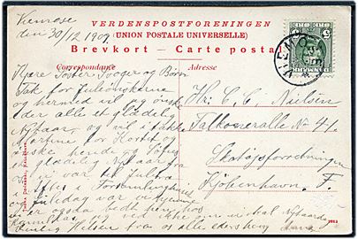 5 øre Fr. VIII på brevkort (Hotel Færgegaarden i Kallehave) dateret d. 30.12.1909 og annulleret med stjernestempel VIEMOSE til København.
