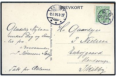 5 øre Chr. X på brevkort (Sæby pr. Roskilde) annulleret med stjernestempel SÆBY til Manderup pr. Skibby. Ank.stemplet Skibby d. 2.1.1914.