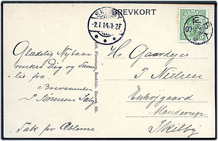 5 øre Chr. X på brevkort (Sæby pr. Roskilde) annulleret med stjernestempel SÆBY til Manderup pr. Skibby. Ank.stemplet Skibby d. 2.1.1914.