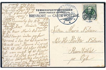 5 øre Fr. VIII på brevkort (Silkeborg set fra Viborgbroen) annulleret med stjernestempel SALTEN og sidestemplet Brædstrup d. 18.10.1910 til Randbøldal pr. Vejle.