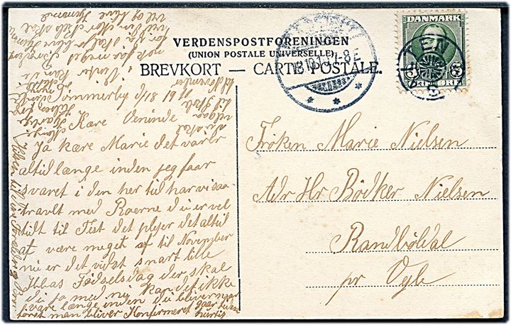 5 øre Fr. VIII på brevkort (Silkeborg set fra Viborgbroen) annulleret med stjernestempel SALTEN og sidestemplet Brædstrup d. 18.10.1910 til Randbøldal pr. Vejle.