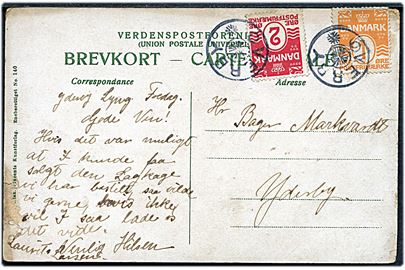 1 øre og 2 øre Bølgelinie på lokalt brevkort annulleret med stjernestempel OVERBY til Yderby.