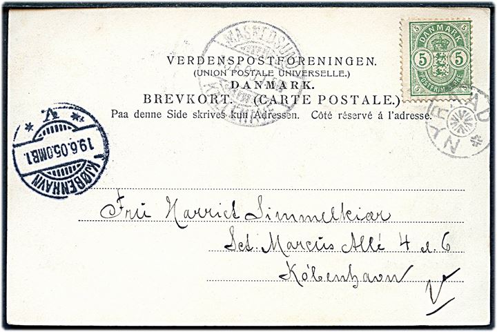 5 øre Våben på brevkort annulleret med stjernestempel NYRAAD og sidestemplet bureau Masnedsund - Kallehave T.5 d. 18.6.1905 til København.