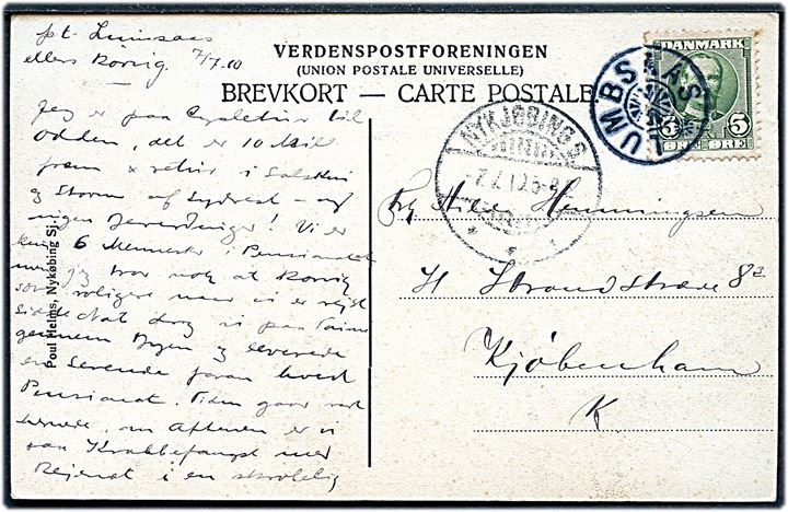 5 øre Fr. VIII på brevkort annulleret med stjernestempel LUMBSAAS og sidestemplet Nykjøbing S. d. 7.7.1910 til København.