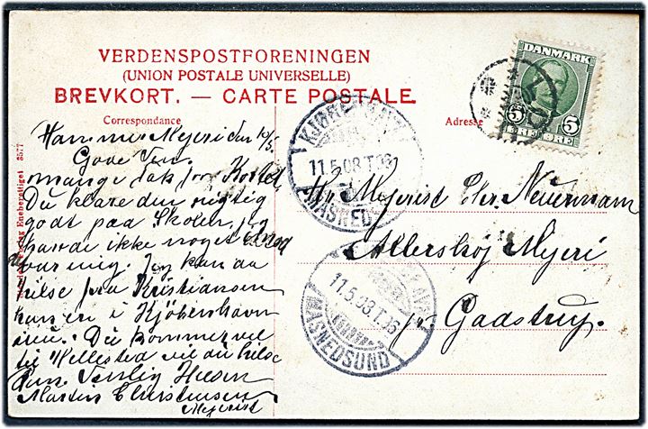 5 øre Fr. VIII på brevkort annulleret med stjernestempel LOU og sidestemplet med bureaustempel Kjøbenhavn - Masnedsund T.96 d. 11.5.1908 til Gadstrup.
