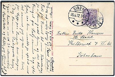 15 øre Chr. X på brevkort annulleret med stjernestempel LENDUM og sidestemplet Sindal d. 26.6.1922 til København.