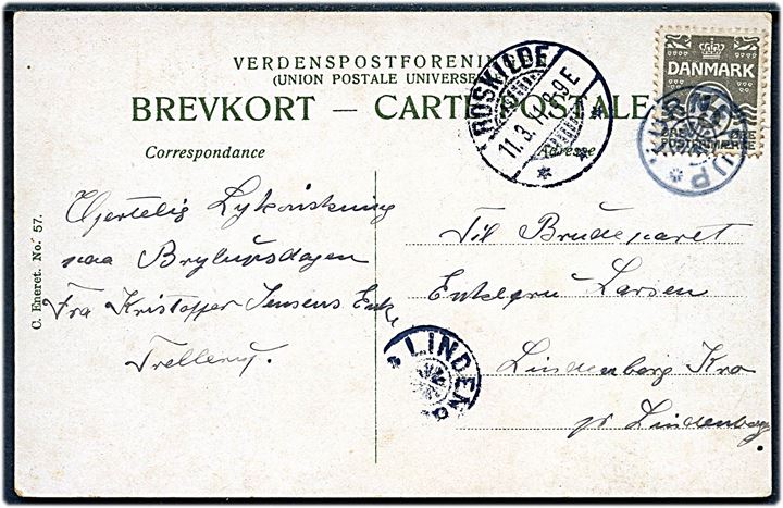3 øre Bølgelinie på lokalt brevkort annulleret med stjernestempel KORNERUP og sidestemplet Roskilde d. 11.3.1911 til Lindenborg Kro. Ank.stemplet med stjernestempel LINDENBORG.