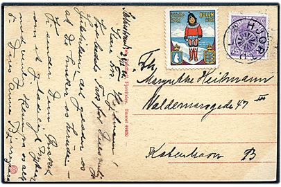 15 øre Chr. X og Julemærke 1921 på brevkort (Svinkløv, udsigt til Grønnestrand) dateret d. 23.12.1921 og annulleret med stjernestempel HJORTDAL til København.