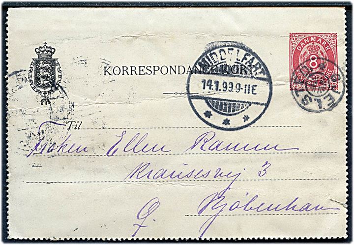 8 øre helsags korrespondancekort annulleret med stjernestempel GJELSTED og sidestemplet Middelfart d. 14.1.1899 til København. Folder.