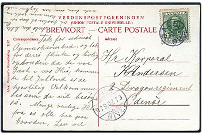 5 øre Fr. VIII på brevkort annulleret med stjernestempel GADBJERG og sidestemplet bureau Veile - Give T.3 d. 17.9.1907 til Odense.