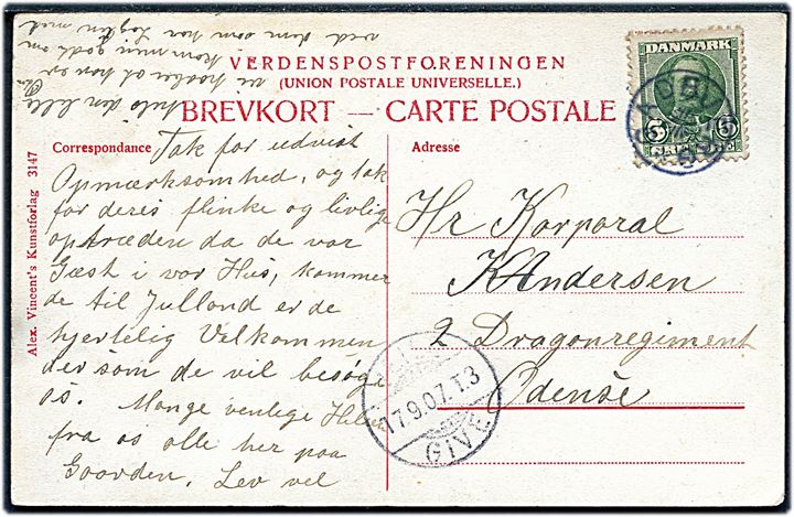 5 øre Fr. VIII på brevkort annulleret med stjernestempel GADBJERG og sidestemplet bureau Veile - Give T.3 d. 17.9.1907 til Odense.