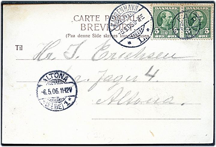 5 øre Chr. IX i parstykke på brevkort (Fiskebæk hotel) annulleret med stjernestempel FARUM og sidestemplet Kjøbenhavn L. d. 5.5.1906 til Altona, Tyskland.