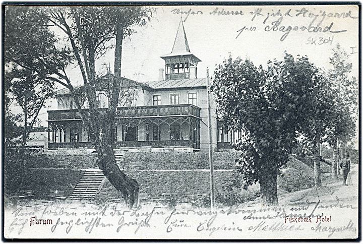 5 øre Chr. IX i parstykke på brevkort (Fiskebæk hotel) annulleret med stjernestempel FARUM og sidestemplet Kjøbenhavn L. d. 5.5.1906 til Altona, Tyskland.