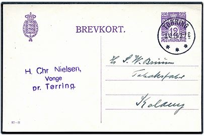 12 øre helsagsbrevkort (fabr. 82-H) fra Vonge pr. Tørring annulleret med brotype IIIb Tørring d. 8.10.1926 til Kolding.