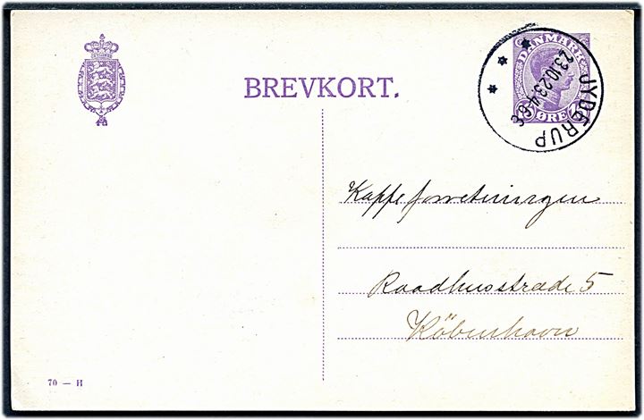 15 øre Chr. X helsagsbrevkort (fabr. 70-H) annulleret med brotype IIIb Jyderup d. 23.10.1923 til København.