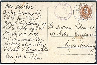10 øre Chr. X 60 år på brevkort annulleret Sønderborg d. 18.11.1931 og sidestemplet med posthornstempel SPANG (SØNDERBORG) til Augustenborg.