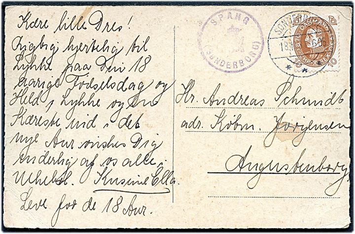 10 øre Chr. X 60 år på brevkort annulleret Sønderborg d. 18.11.1931 og sidestemplet med posthornstempel SPANG (SØNDERBORG) til Augustenborg.