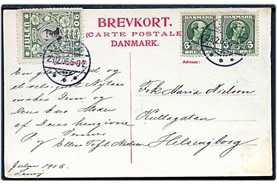 5 øre Chr. IX i parstykke og Julemærke 1906 fra Lemvig d. 23.12.1906 til Helsingborg, Sverige.