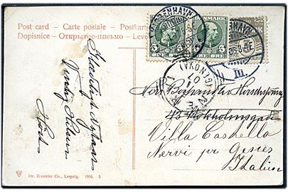 3 øre Bølgelinie på lokalt brevkort i Kjøbenhavn d. x.12.1906. Opfrankeret med 5 øre Chr. IX i parstykke annulleret Kjøbenhavn d. 2.1.1907 og privat omadresseret til Nervi, Italien.