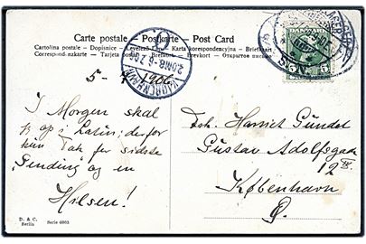 5 øre Chr. IX på brevkort fejlagtigt annulleret med ovalt jernbanestempel HESSELAGER * S.N.B. * og igen med brotype Ia Hesselager d. 5.7.1906 til København. Jernbanestation og brevsamlingssted var i samme lokaler.
