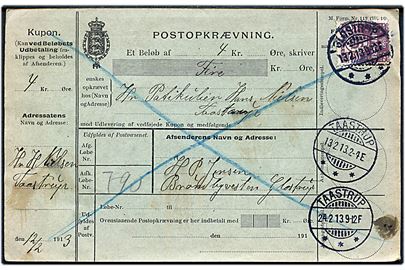 15 øre retur Postopkrævning fra Glostrup d. 13.2.1913 til Taastrup.