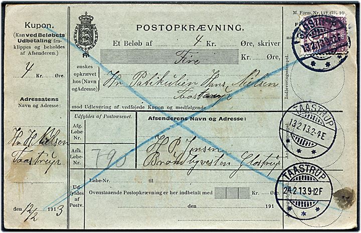 15 øre retur Postopkrævning fra Glostrup d. 13.2.1913 til Taastrup.