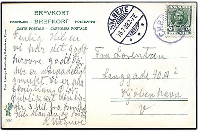 5 øre Fr. VIII på brevkort (Christiansø med skibe) annulleret med lapidar Christiansø d. 16.7.1908 og sidestemplet Svaneke d. 16.7.1908 til København.