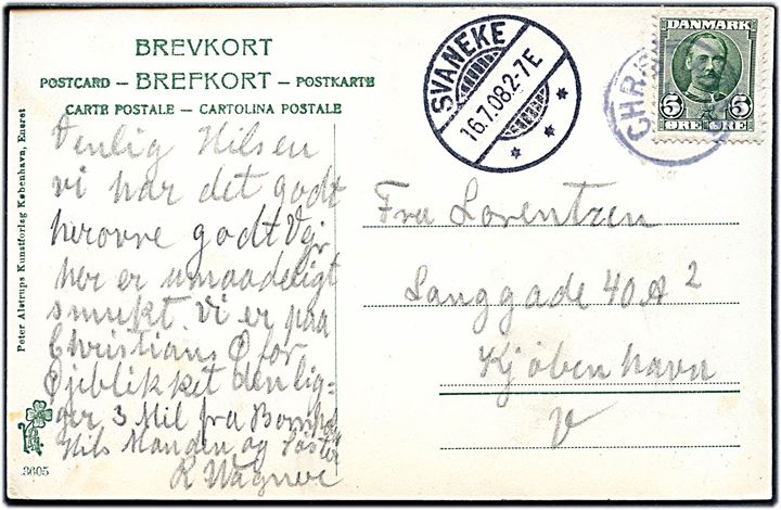 5 øre Fr. VIII på brevkort (Christiansø med skibe) annulleret med lapidar Christiansø d. 16.7.1908 og sidestemplet Svaneke d. 16.7.1908 til København.