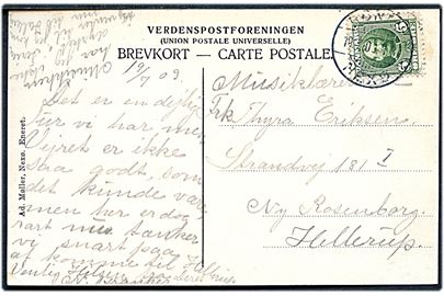5 øre Fr. VIII på brevkort annulleret med bureaustempel Rønne - Nexø T.3 d. 19.7.1909 til Hellerup.