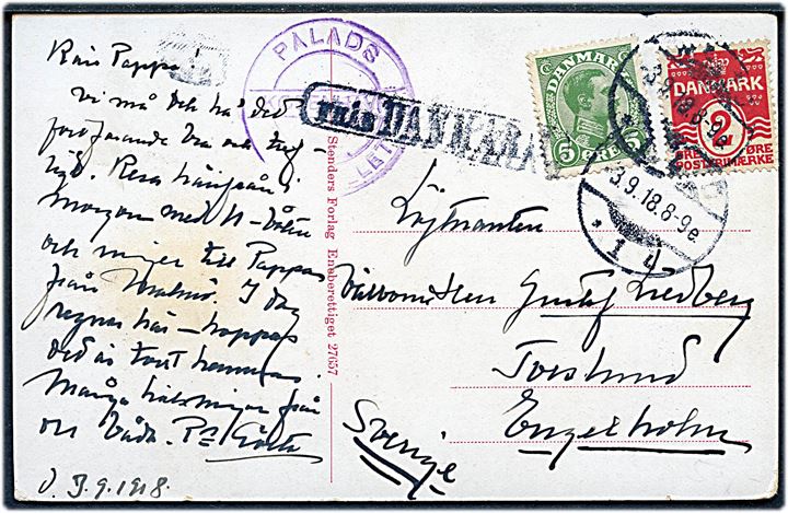 2 øre Bølgelinie og 5 øre Chr. X på brevkort fra København annulleret med svensk stempel i Malmö d. 3.9.1918 og sidestemplet Från Danmark til Engelholm, Sverige.